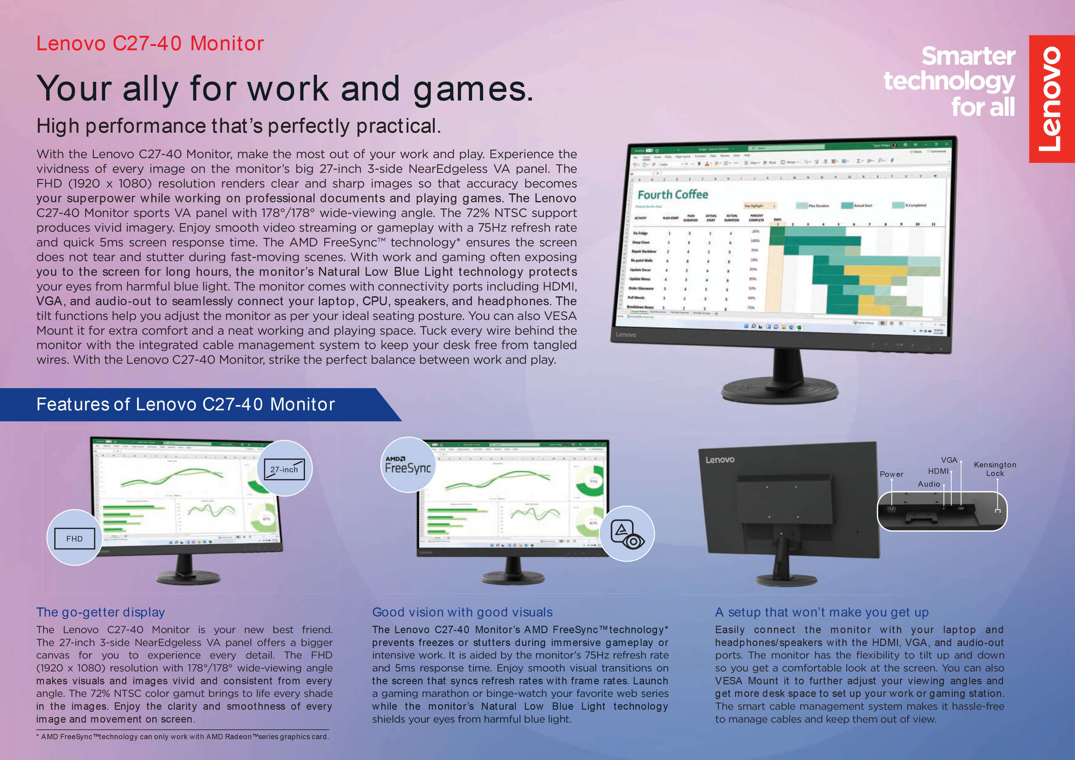 MONITOR LENOVO THINKISION C27-40, 27 VA, FHD 1920 x 1080, 75Hz, 5ms, Amd  FreeSync